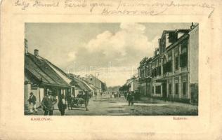 Károlyváros, Karlovac; Rakovac. Naklada S. Jelaca / utcakép, üzletek. W. L. Bp. 1696. / street view, shops (EK)