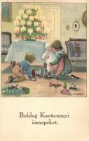 Boldog Karácsonyi Ünnepeket! / Christmas greeting card with children, Christmas tree, toys. Erika Nr. 6049. s: P. Ebner (EK)