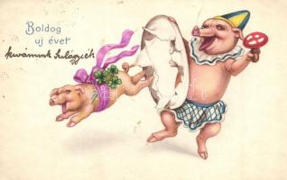 Boldog Újévet! / New Year greeting card, clown pigs. Amag 1897. litho (EK)