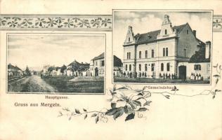 Morgonda, Mergeln, Merghindeal; Fő utca, Városháza / Hauptgasse, Gemeindehaus. Johann Wonner / main street, town hall. Art Nouveau, floral