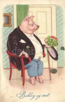 Boldog Újévet! / New Year greeting card, pig gentleman sitting in a chair. Amag 1879. litho (EK)