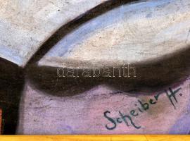 Scheiber jelzéssel: Kalapos nő. Pasztell, karton, foltos, keretben, 57×43 cm