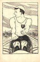 Szentendrei Regnumi közös tábor és vízi ünnepség. Evezős cserkész / Hungarian scout camp, rowing boy scout, artist signed (EK)