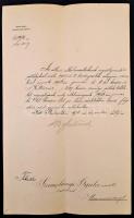 1905 Szamolányi Gyula költő erdőszámtiszt személyi pótlék többleteinek kifizetéséről szóló értesítése, Feilitzsch Artúr (1859-1925) földművelésügyi miniszter (1905-1906) aláírásával, a minisztérium fejléces papírján