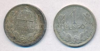 1915KB 1K Ag "Ferenc József" + 1926. 1P Ag T:1-,2 patina