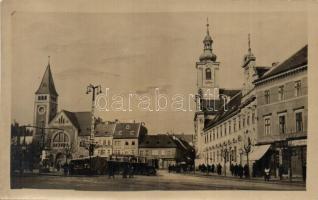 Pozsony, Pressburg, Bratislava; tér, üzletek, autóbusz / square, shops, autobus, churches. photo (fl)