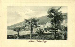 Abbazia, Palmen-Gruppe / pálmafák a tengarparton. W. L. Bp. 1731. Acsay J. kiadása / palm trees on the beach (kis szakadás / small tear)