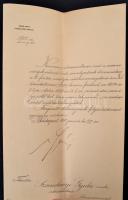 1911 Szamolányi Gyula költő erdőszámvizsgálói kinevezése, Máramarossziget, Serényi Béla (1866-1919) földművelésügyi miniszter (1910-1913) aláírásával, a minisztérium fejléces papírján,