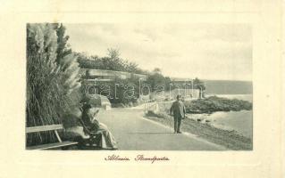 Abbazia, Strandpartie / Tengerpart, padon ülő hölgyek. W. L. Bp. 3785. Acsay J. kiadása / shore, beach, ladies sitting on a bench (EK)