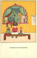 Paprikajancsiszínház. Egy jó kislány viselt dolgai II. sorozat 5. szám / Hungarian art postcard s: Kozma Lajos