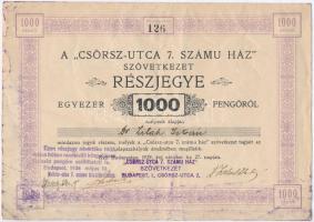 Budapest 1929. A Csörsz-utca 7. számú ház Szövetkezet névre szóló részjegye 1000P-ről, bélyegzésekkel T:III