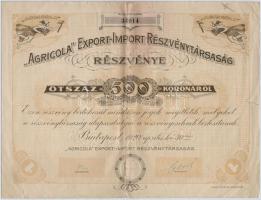 Budapest 1920. Agricola Export-Import Részvénytársaság részvénye 500K-ról, szárazpecséttel, szelvényekkel T:III-