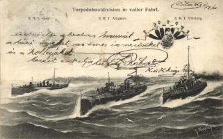 Torpedobootdivision in voller Fahrt / SMS Greif, SMS Alligator, I. osztályú torpedónaszádok, SMS Wildfang Huszár-típusú torpedóromboló (Zerstörer), matrózok / WWI K.u.K. Kriegsmarine destroyers, torpedoboat, mariners. G. Fano Pola 1908 s: G. Kappler