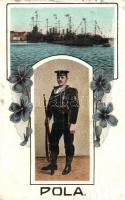 Pola, K.u.K. Kriegsmarine mariner with battle ships in the port. Floral. C. Fano Pola 1913-1914 + K.u.k. Matrosenkorps Rekrutenschule (small tear)