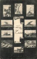 Pola, Osztrák-magyar hadihajók mozaikképeken / K.u.K. Kriegsmarine Art Nouveau multi-view postcard. G. Fano 1909-10. (EK)