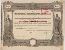 Budapest 1923. Pesti Hazai Első Takarékpénztár-Egyesület névre szóló részvénye 20.000K-ról, felülbélyegezve 100P névértékre, szárazpecséttel T:III