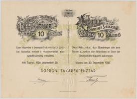 Sopron 1926. Soproni Takarékpénztár részvénye 10P-ről, magyar és német nyelvű, szárazpecséttel (2x) sorszámkövető pár T:II