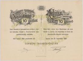 Sopron 1926. "Soproni Takarékpénztár" részvénye 10P-ről, magyar és német nyelvű, szárazpec...