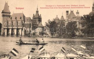 Budapest XIV. Városligeti tó, Vajdahunyad vára (Mezőgazdasági Múzeum), magyar zászlós csónakok