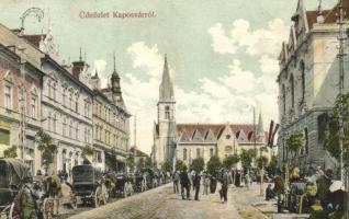 Kaposvár, utcakép piaci árusokkal és hintókkal, Török Mór üzlete. Hagelmann Károly kiadása