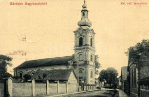 Nagykároly, Carei; Református templom, utcakép. W. L. 1895. / church, street view (Rb)