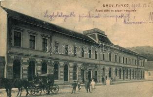 Nagyenyed, Aiud; Állami elemi és polgári leányiskola, Fesztinger Dávid üzlete, hintó / girls school, shops, carriage (EB)