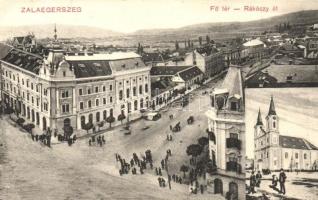 Zalaegerszeg, Fő tér és Rákóczi út, Szálloda az Arany Bárányhoz, templom  (EK)