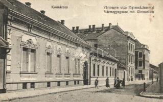 Komárom, Komárno; Vármegye utca, Főgimnázium. L. H. Pannonia 7573. / Gimnasium / street view, grammar school (felületi sérülés / surface damage)