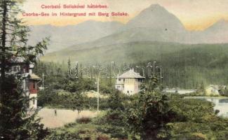 Tátra, Csorbató, Soliskó a háttérben. Quirsfeld János kiadása / Berg Solisko / lake with mountain and villas