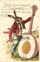 Boldog Húsvéti Ünnepeket! / Easter greeting card. Rabbit playing egg double bass. Schmidt Edgar litho (EK)