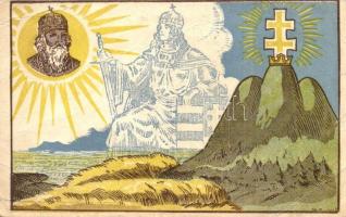 Szent István király a címerrel / Hungarian irredenta art postcard (fa)