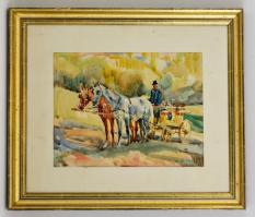 Udvary Pál (1900-1987): Fogathajtó. Akvarell, papír, jelzett, üvegezett keretben, 29×37 cm