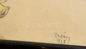 Radócy jelzéssel: Kisfiú a parton, filc, selyem, üvegezett fa keretben, 24,5×22 cm