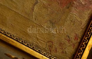 Olvashatatlan jelzéssel: Kisfiú kutyával, olaj, vászon, díszes fa keretben, 25,5×16,5 cm