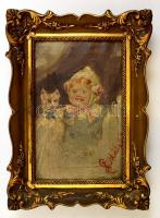 Olvashatatlan jelzéssel: Kislány cicával, olaj, vászon, díszes fa keretben, 25,5×16,5 cm