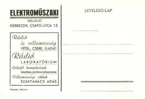 Elektroműszaki Vállalat reklámlapja Debrecenből. Csapó utca 13. / Hungarian Electro-technical Company advertisement card from Debrecen