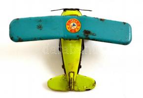 Felhúzós fém játék repülőgép, kulccsal, kicsit rozsdás, 13×10×7 cm