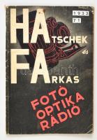 1933 Hatschek és Farkas fotó-, optikai és rádiószaküzlet 71. képekkel illusztrált katalógusa. A borító illusztrációja Bortnyik Sándor (1893-1976) munkája. Bp.,1933, Tolnai-ny., 94+2 p. Kiadói papírkötés, gyűrött borítóval.