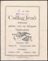 1925 A tatatóvárosi Csillag Jenő ecetszesz, pálinka-, rum- és likőrgyárának árlapja