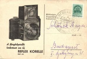 1941 Reflex-Korelle fényképezőgép reklámlap. Hátoldalon a kolozsvári Mátyás király szobor. Országos Diák-Fotokiállítás / Camera advertisement card. So. Stpl (EK)