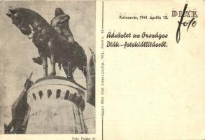 1941 Reflex-Korelle fényképezőgép reklámlap. Hátoldalon a kolozsvári Mátyás király szobor. Országos ...