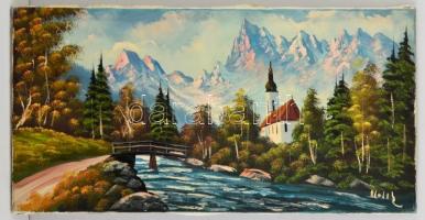 Holik jelzéssel: Alpesi táj templommal. Olaj, vászon, 40×80 cm
