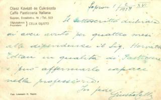 Sopron, Olasz Kávézó és Cukrászda, belső. Erzsébet utca 16. Cella Giusto cégtulajdonos levele a háto...