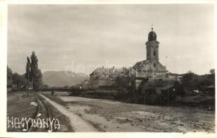 Nagybánya, Baia Mare; látkép templommal, vasúti sínnel és híddal. Hátoldalon hazafias levél / church, railway track, bridge, photo. 1940 Nagybánya visszatért So. Stpl