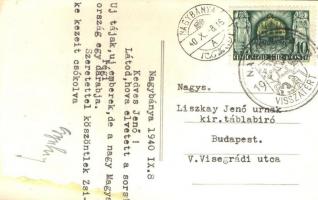 Nagybánya, Baia Mare; látkép templommal, vasúti sínnel és híddal. Hátoldalon hazafias levél / church...