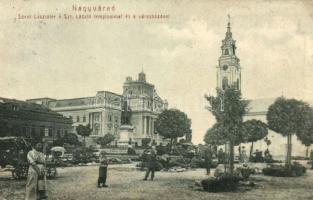Nagyvárad, Oradea; Szent László tér és templom, Városháza, piac / square, church, town hall, market (fl)