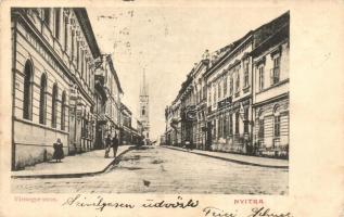 Nyitra, Nitra; Vármegye utca üzletekkel / street view with shops