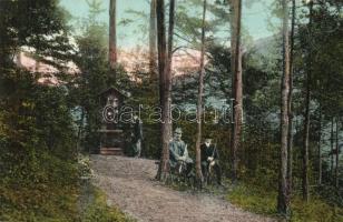 Trencsénteplic, Trencianske Teplice; Erdei kereszt, vadászok / forest monument with hunters