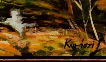 Karászi Judit (1970-): Napfényes erdőben. Olaj, farost, jelzett, keretben, 21×30 cm