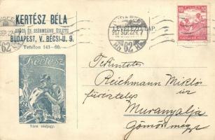 Kertész Béla szűcs és szőrmeáru üzletének reklámlapja, Budapest, Bécsi u. 9. A tulajdonos saját kézzel írt levele / Hungarian furrier and articles of fur shop advertisement card. Owner's handwritten letter on the backside